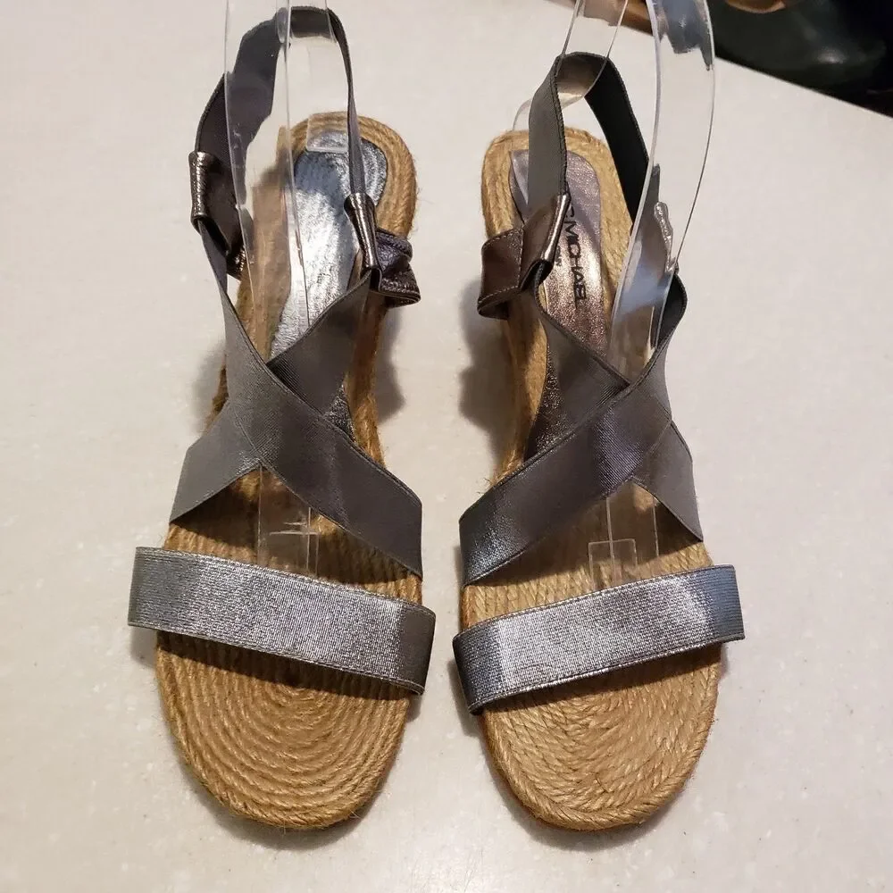 Eric Michael Espadrille Wedge Sandal 40 9 Grey Metallic Shiny Leather Strappy